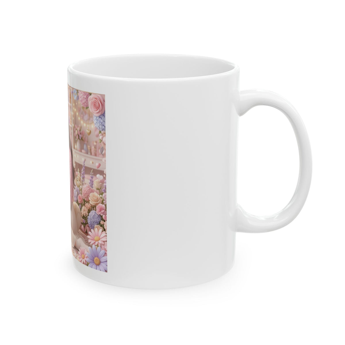 Cute Girl & Teddy Bear Floral Ceramic Mug (11oz, 15oz)