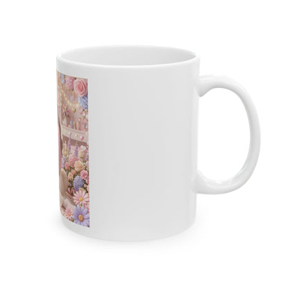 Cute Girl & Teddy Bear Floral Ceramic Mug (11oz, 15oz)