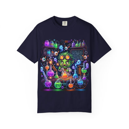 Mad Scientist Cat Lab T-Shirt — Neon Potion Halloween Tee