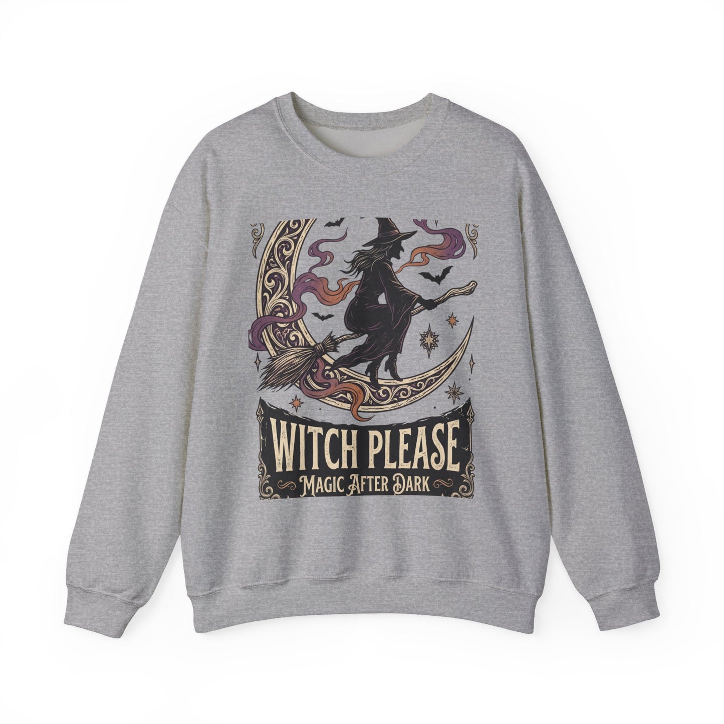 Witch Please Crewneck Sweatshirt — 'Magic After Dark' Witch Silhouette on Crescent Moon